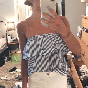 H&M strapless blue striped top with ruffle NWOT
